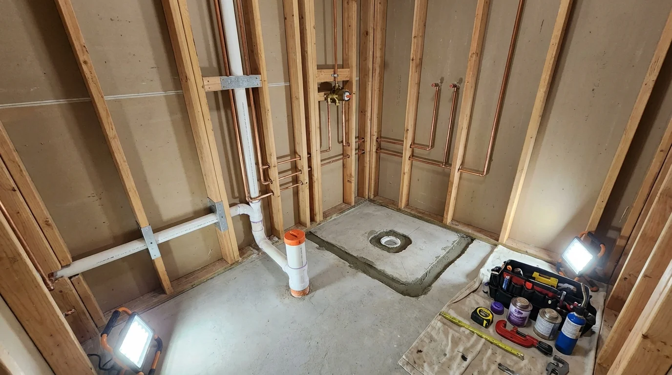 Bathroom rough-in plumbing during remodel by Johns Plumbing LLC in Dyersville