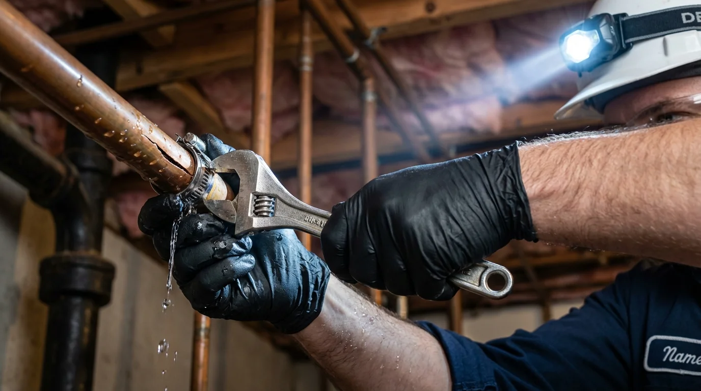 Emergency pipe clamp repair being performed by a Johns Plumbing LLC plumber in Dyersville