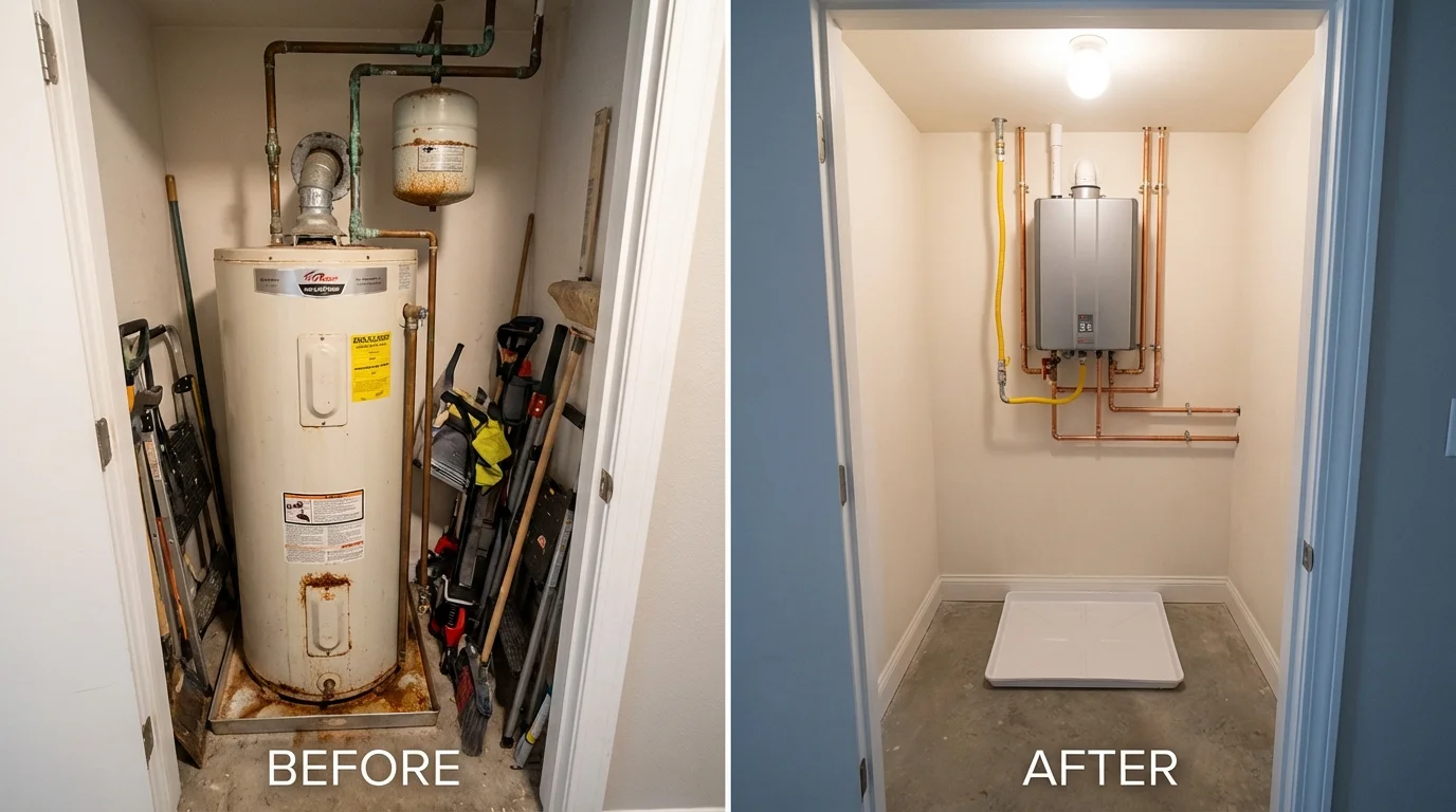 Tank water heater versus wall-mounted tankless unit comparison for Dyersville, IA homeowners