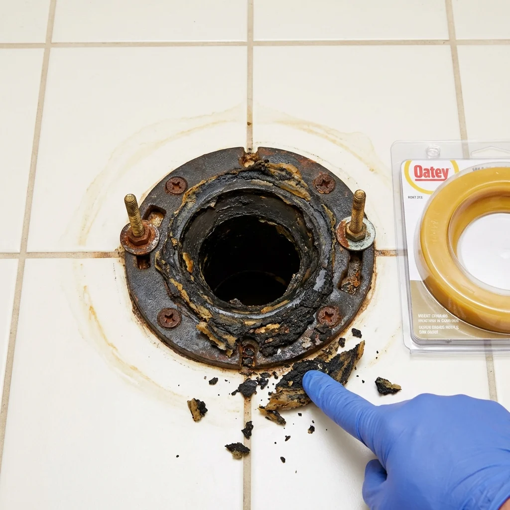 Failed wax ring showing water seepage at the base of a toilet in a Dyersville, IA home