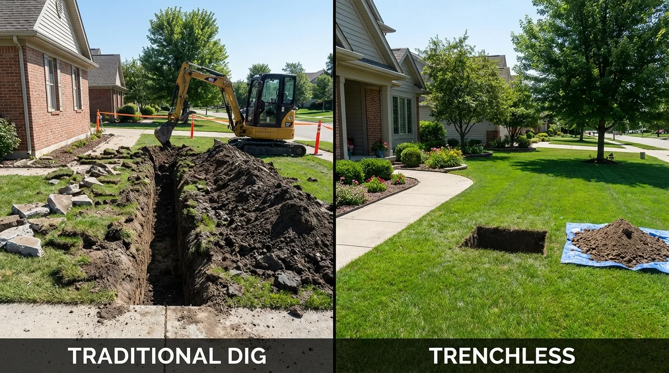 Trenchless sewer repair with minimal yard damage versus traditional excavation in Dyersville, IA