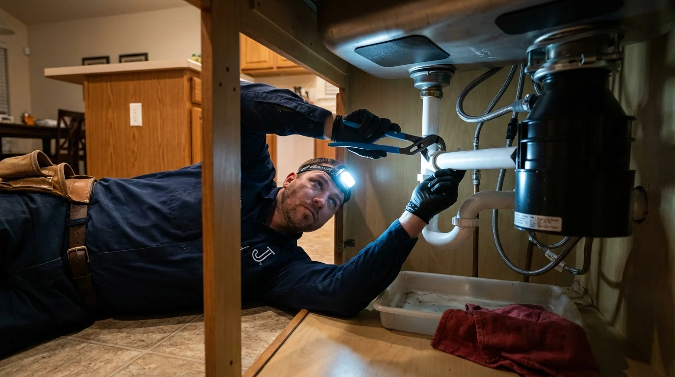 P-trap and supply line connections under a kitchen sink showing a common leak point in Dyersville, IA